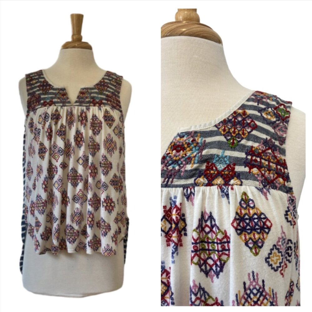 Anthropologie One September high-low tank boho stripes embroidered size S